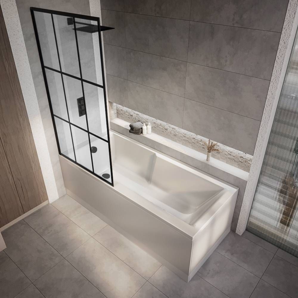 Milano Elswick - 1700mm x 750mm Modern Square Straight Shower Bath with Black Grid Bath Screen - Choice of Panels