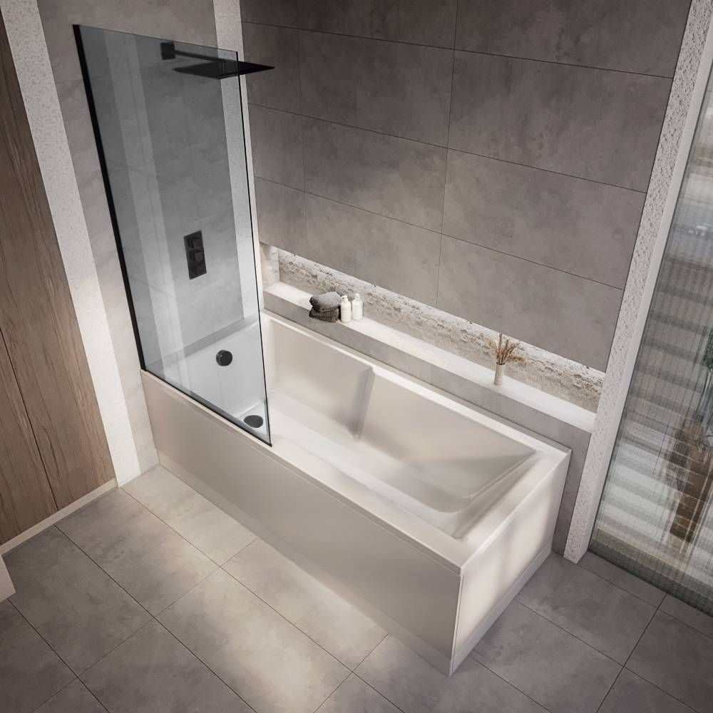 Milano Elswick - 1700mm x 750mm Modern Square Straight Shower Bath with Smoked Glass Bath Screen - Choice of Panels