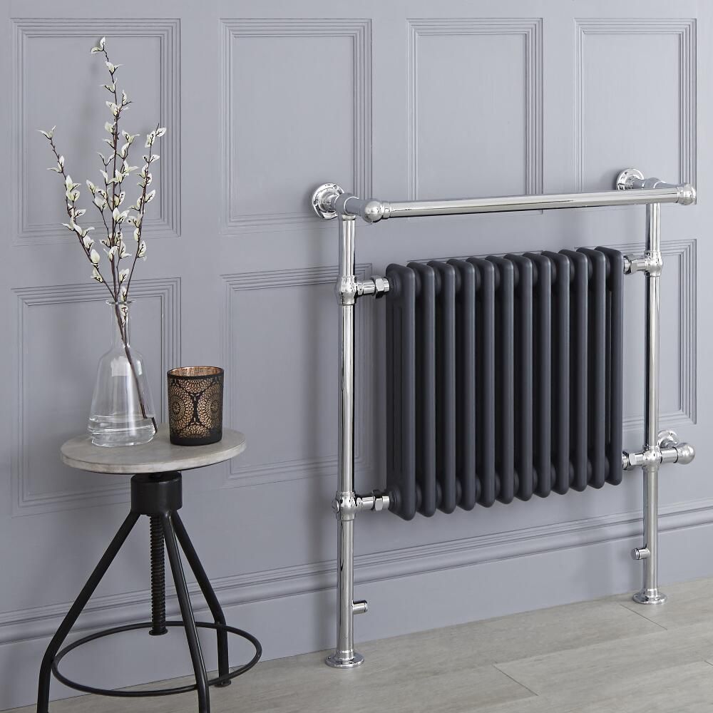 Milano Elizabeth - Anthracite and Chrome Traditional Electric Heated Towel Rail - 930mm x 790mm (With Overhanging Rail)