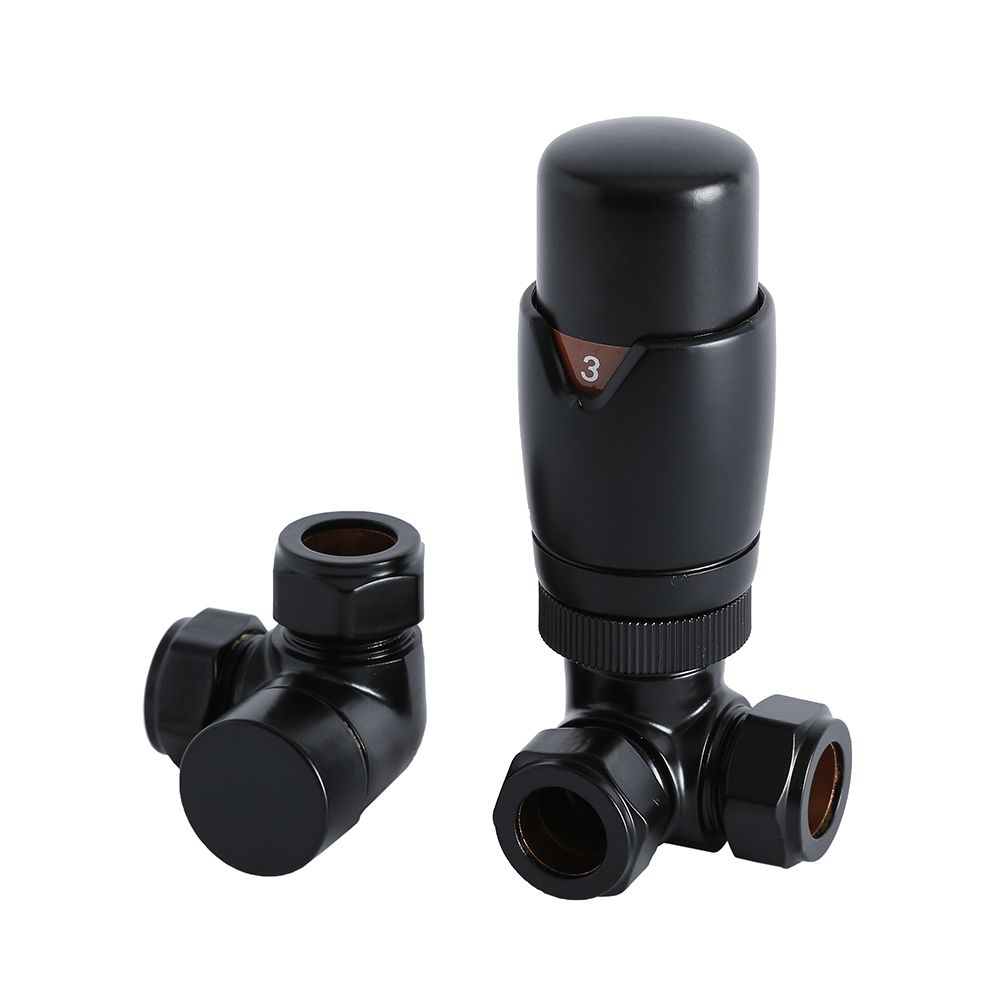 Milano - Black Thermostatic Corner Radiator Valve and Lockshield