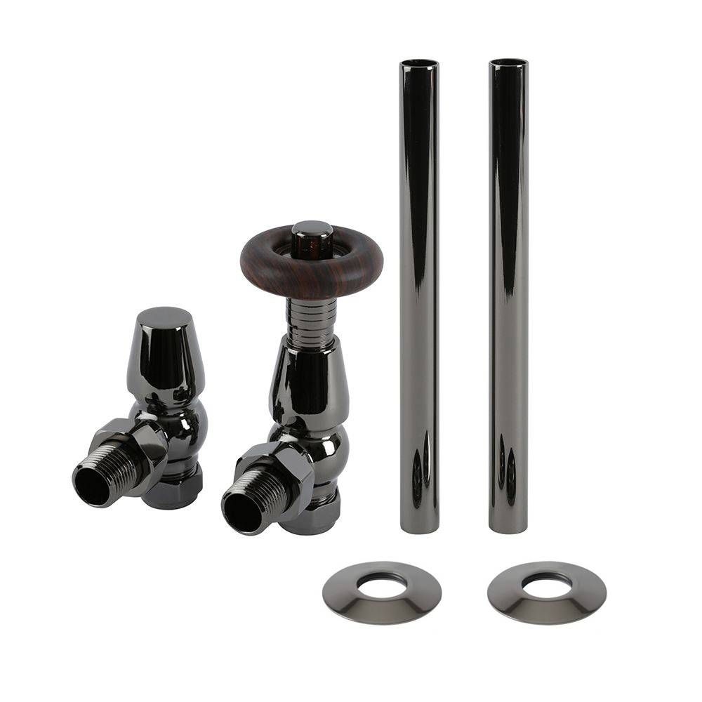 Milano Windsor - Traditional Thermostatic Angled Radiator Valve and Pipe Set - Black Nickel