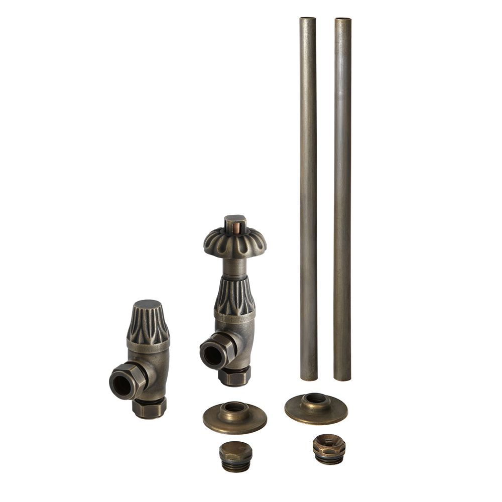Milano Windsor - Antique Style Thermostatic Angled Radiator Valve and Pipe Set - Bronze