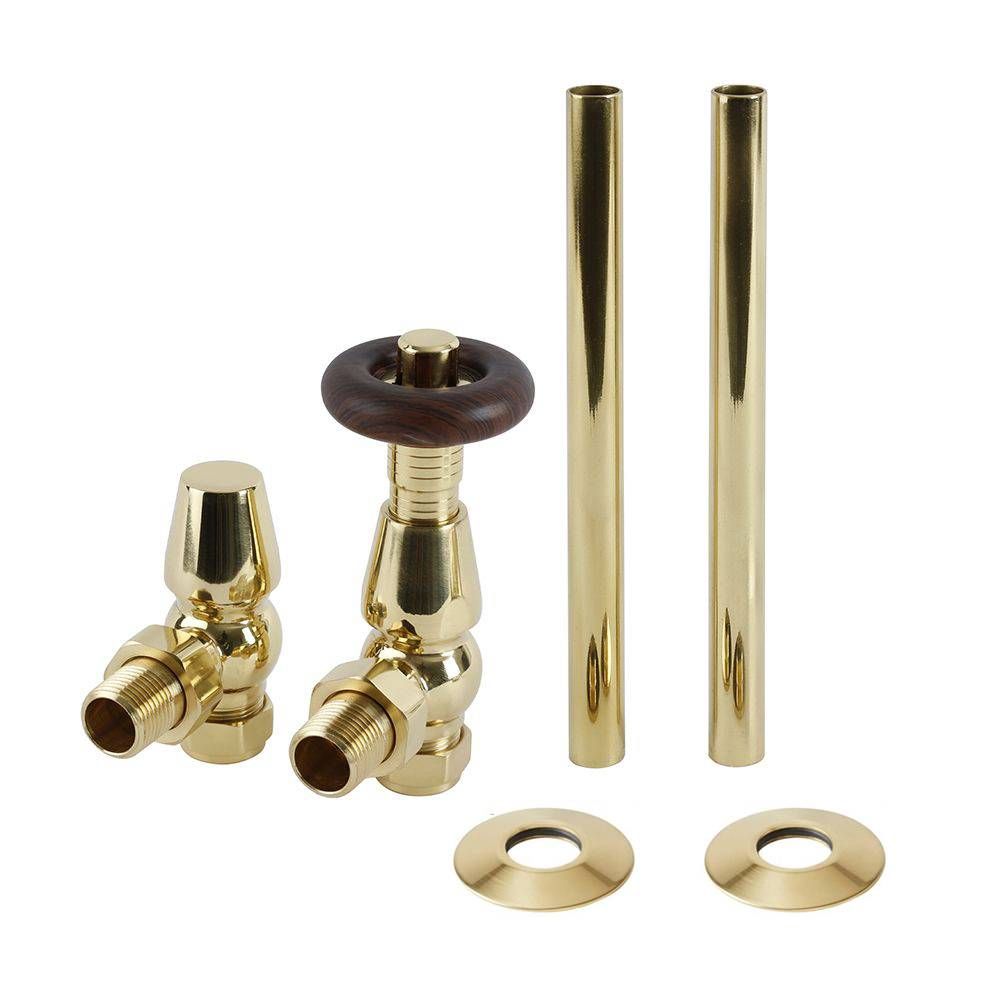 Milano Windsor - Traditional Thermostatic Angled Radiator Valve and Pipe Set - Polished Brass