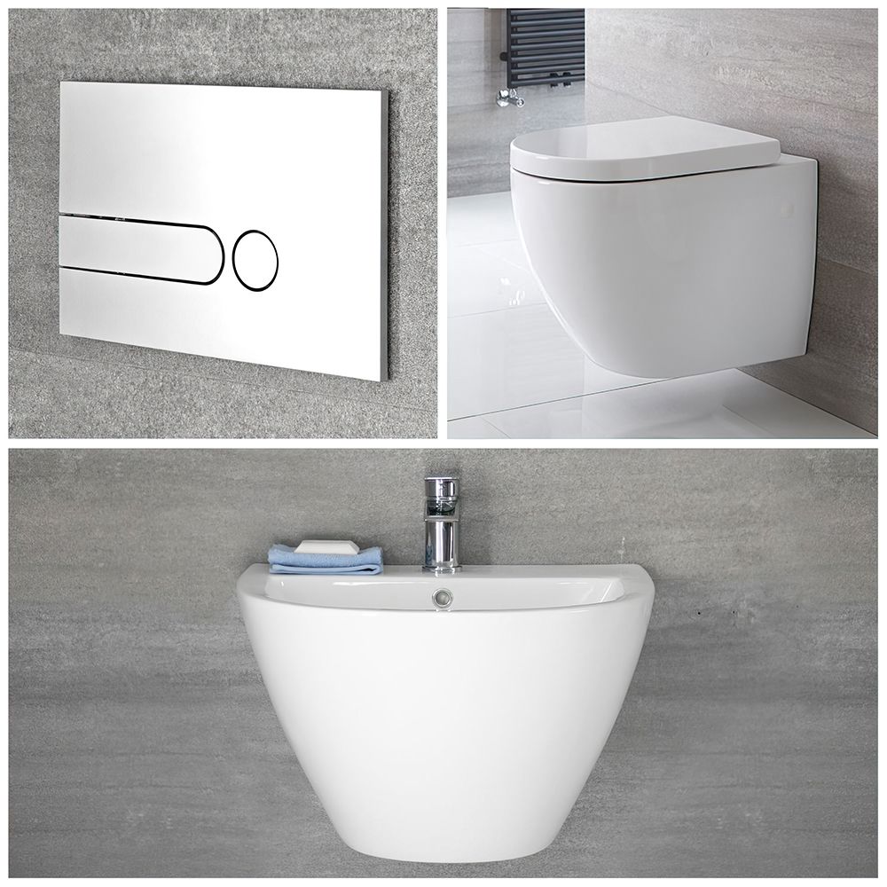 Milano Irwell - White Modern Rimless Wall Hung Basin and Toilet Set