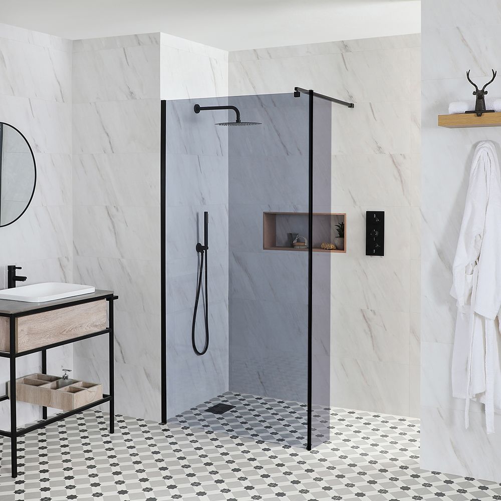 Milano Nero-Luna - 1950mm Smoked Glass Wet Room Screen - Black - Choice of Sizes and Hinged Return Panel