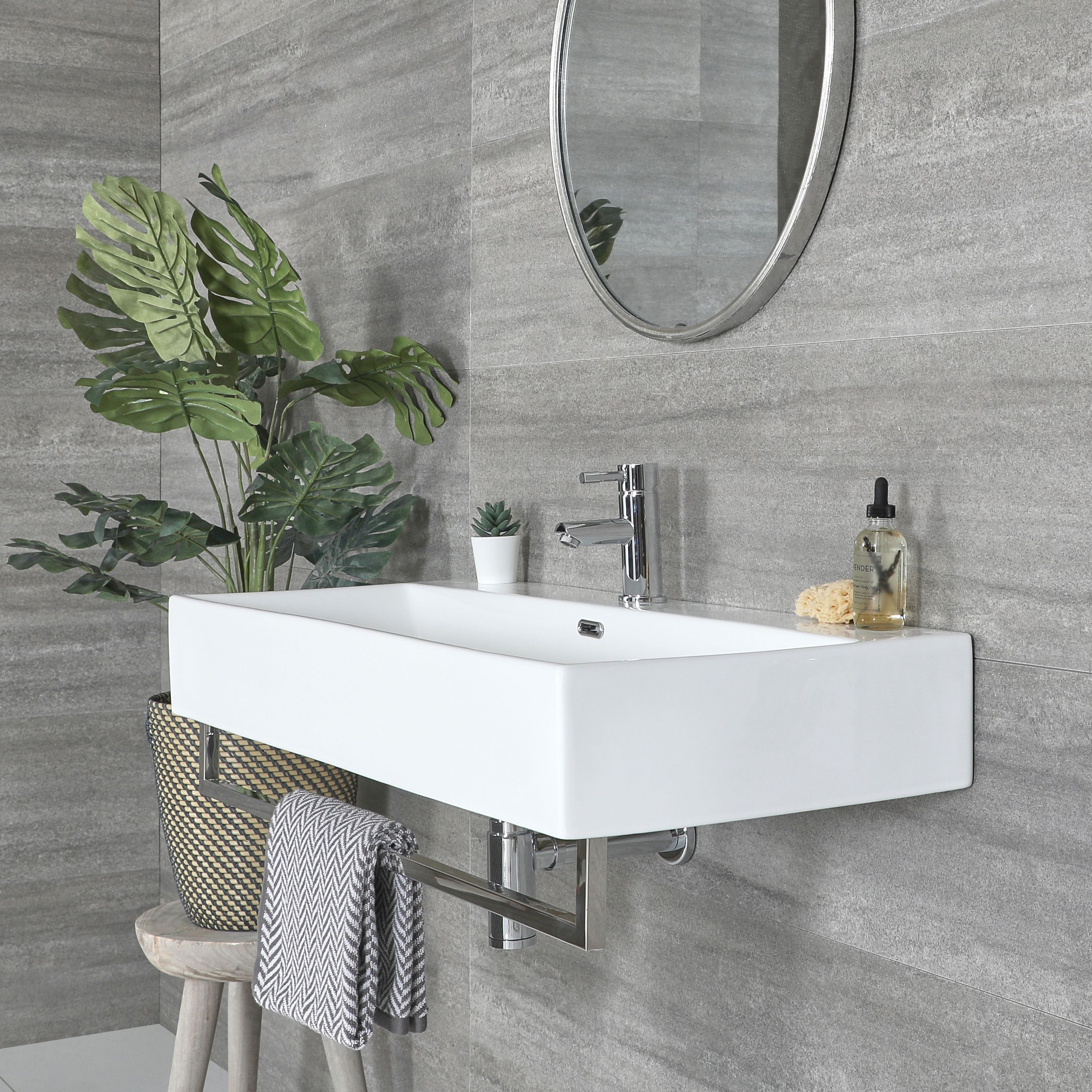 Milano Elswick - White Modern 750mm x 420mm Rectangular Wall Hung Basin ...