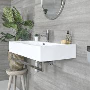 Milano Elswick - White Modern 1010mm x 425mm Rectangular Wall Hung Basin with Chrome Towel Rail