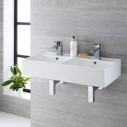 Milano Dalton - White Modern Double Rectangular Countertop Basin - 820mm x 420mm (2 Tap-Holes)