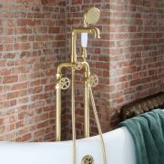 Milano Zandra - Industrial Style Freestanding Bath Shower Mixer Tap with Hand Shower - Brushed Brass