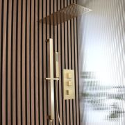 Milano Lyra - Thermostatic Shower with Thin Fixed Shower Head and Riser Rail with Hand Shower (2 Outlet) - Brushed Brass