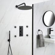 Milano Nero - Black Thermostatic Shower with Diverter, Round Shower Head, Hand Shower and Body Jets (3 Outlet)
