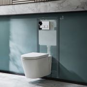 Milano Ballam - White Modern Rimless Wall Hung Toilet with Tall Wall Frame - Choice of Flush Plate