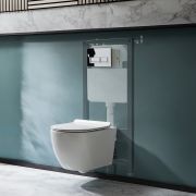 Milano Overton - White Modern Rimless Wall Hung Toilet with Tall Wall Frame - Choice of Flush Plate