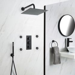Milano Nero - Black Thermostatic Shower with Diverter, Square Shower Head, Hand Shower and Body Jets (3 Outlet)