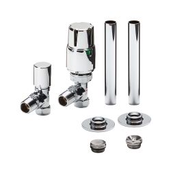 Milano - Modern Thermostatic Angled Radiator Valve and Pipe Sleeve Set - Choice of Finish