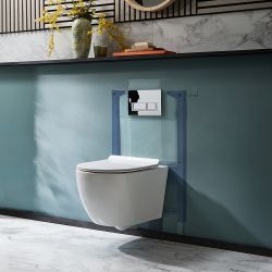 Milano Overton - White Modern Rimless Wall Hung Toilet with Short Wall Frame - Choice of Flush Plate