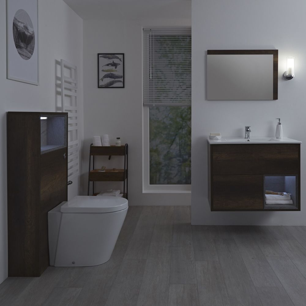 Milano Bexley - Dark Oak Modern 800mm Vanity Unit with WC Unit and Rivington Back to Wall Pan