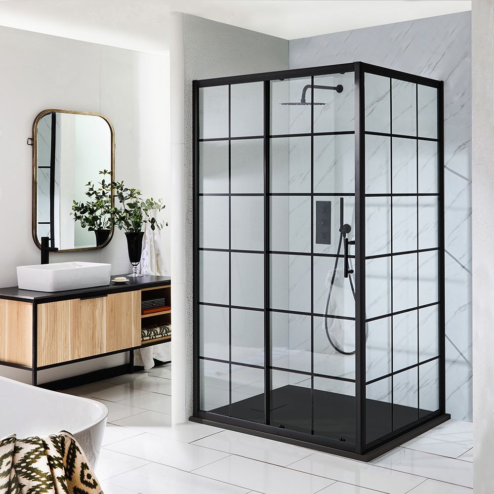 Milano Barq - Black Grid Corner Sliding Door Shower Enclosure with Slate Tray - Choice of Sizes and Side Panel