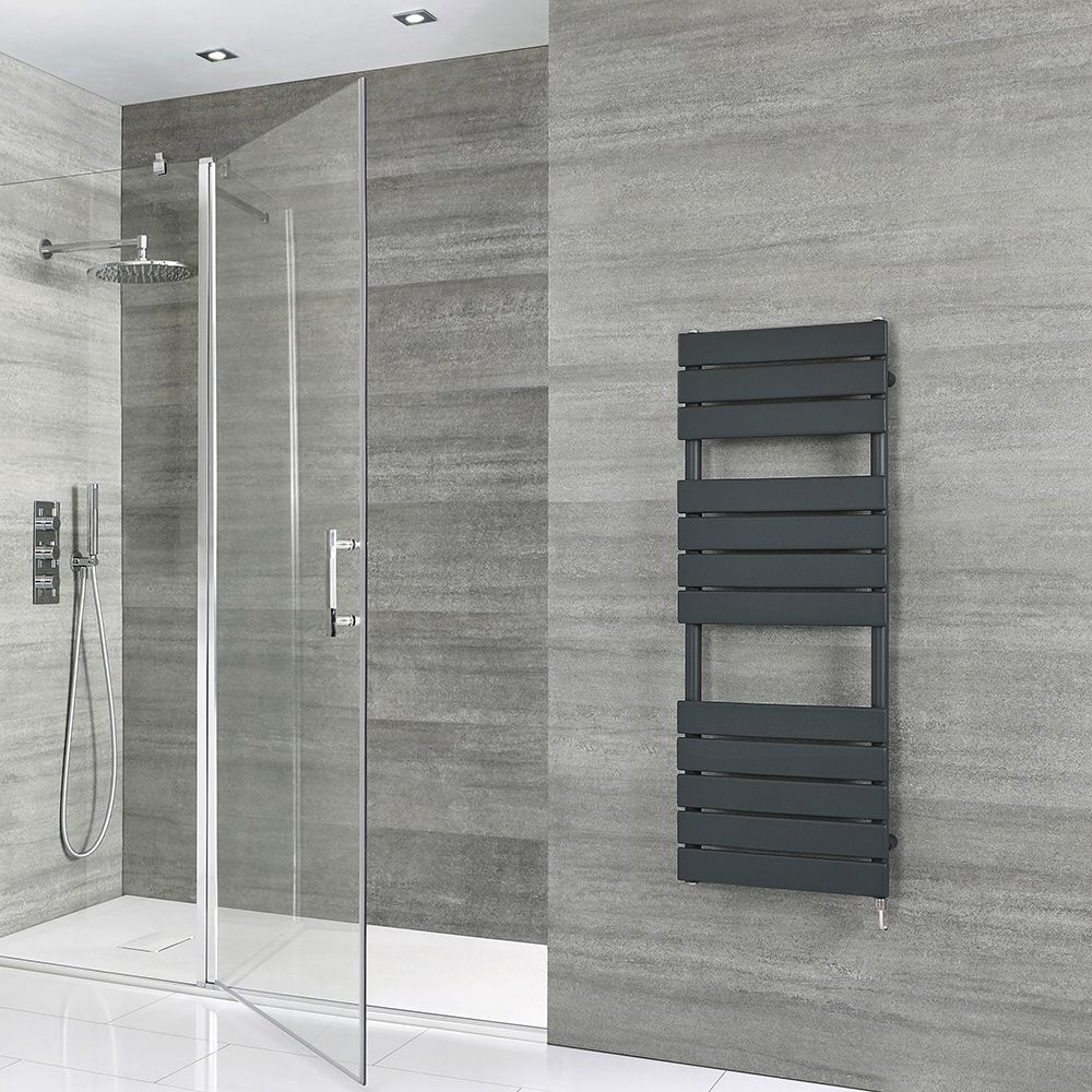 Milano Lustro - Electric Designer Anthracite Flat Panel Heated Towel Rail - Choice of Size, Heating Element and Cable Cover