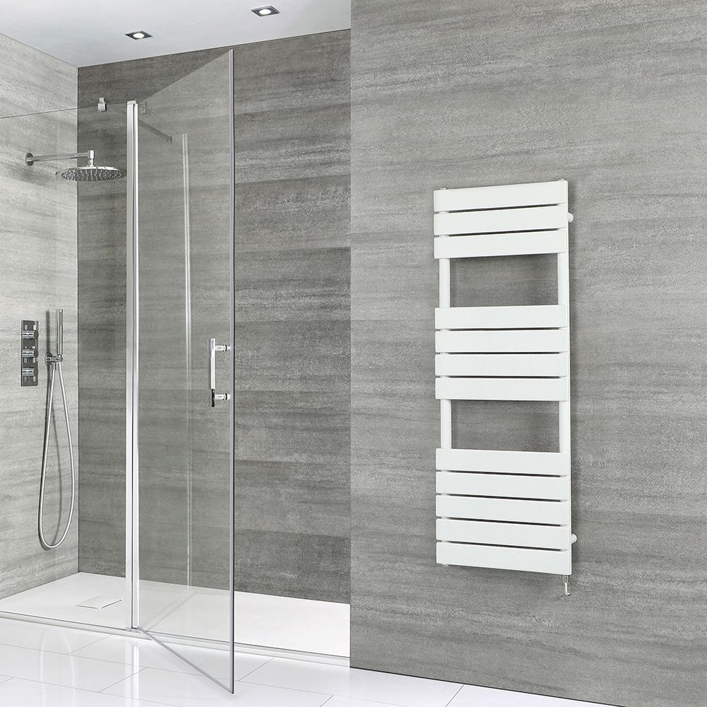 Milano Lustro - Electric Designer White Flat Panel Heated Towel Rail - Choice of Size, Heating Element and Cable Cover