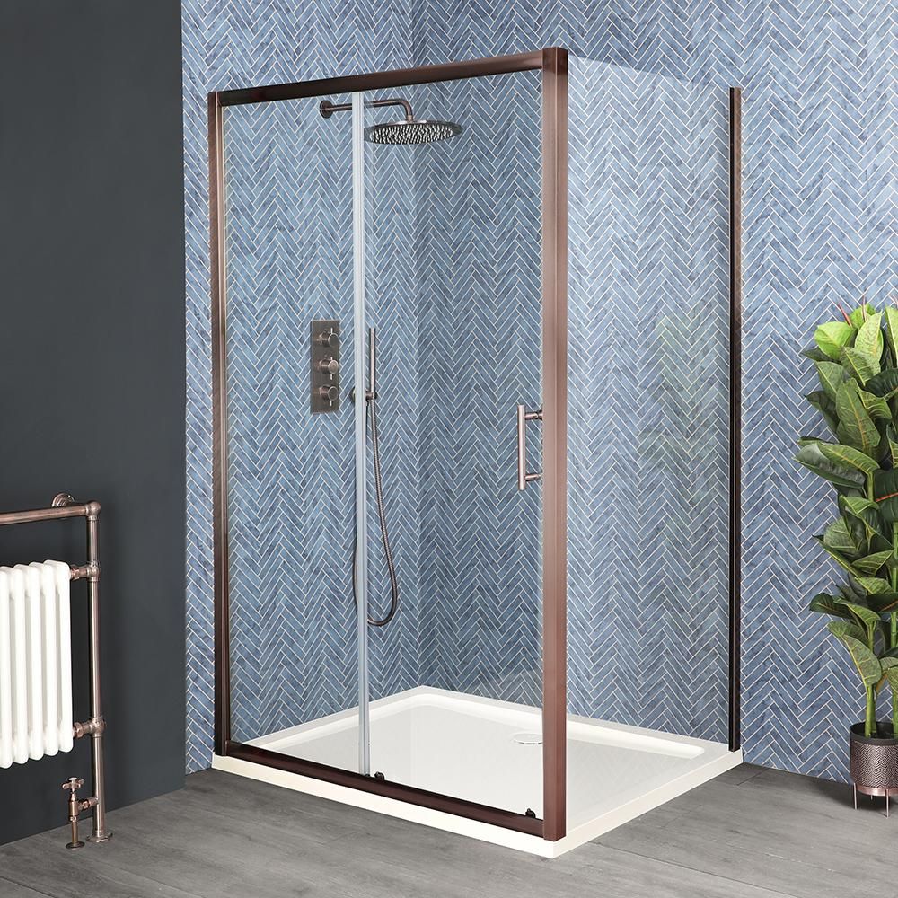 Milano Eris - Brushed Copper Sliding Shower Door - Choice of Sizes and Side Panel