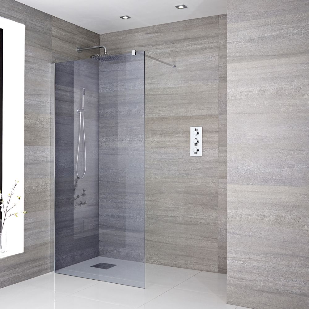 Milano Portland-Luna - 195cm Smoked Glass Wet Room Screen - Chrome - Choice of Sizes and Hinged Return Panel