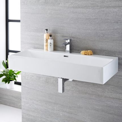 Milano Elswick - White Modern Rectangular Wall Hung Basin - 1000mm x 420mm (1 Tap-Hole)