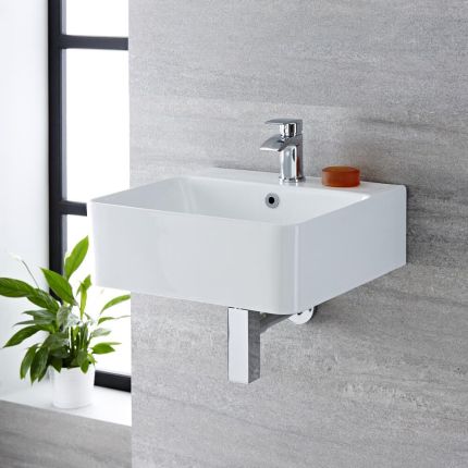 Milano Farington - White Modern Rectangular Wall Hung Basin (1 Tap-Hole) - Choice of Size and Overflow Ring Finish