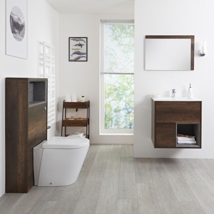 Milano Bexley - Dark Oak Modern 600mm Vanity Unit with WC Unit and Rivington Back to Wall Pan