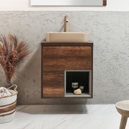 Milano Bexley - 600mm Wall Hung Open Shelf Vanity Unit with Elements Countertop Basin - Choice of Basin, Finish and LED Light