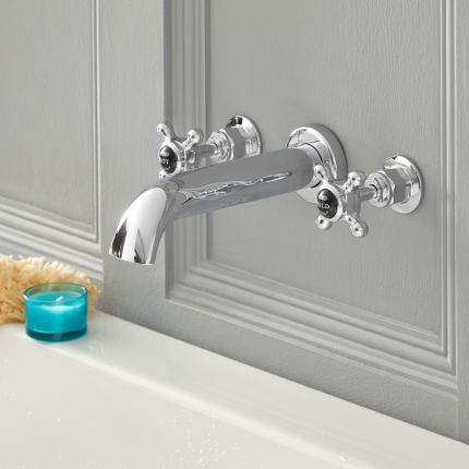 Milano Elizabeth - Traditional Wall Mounted Crosshead 3 Mixer Tap-Hole Bath Filler Mixer Tap - Chrome and Black