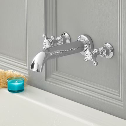 Milano Elizabeth - Traditional Wall Mounted 3 Mixer Tap-Hole Crosshead Bath Filler Mixer Tap - Chrome and White
