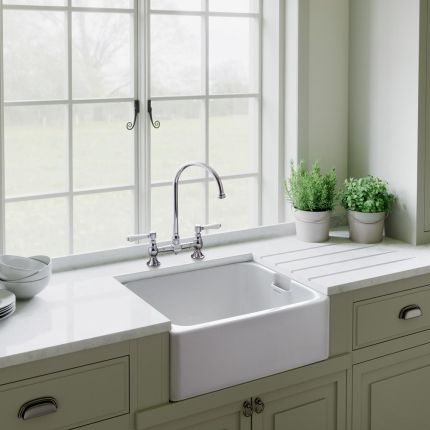Rangemaster Farmhouse - Single Bowl Fireclay Ceramic Belfast Kitchen Sink with 60mm Waste  - 595mm x 455mm