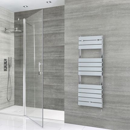 Milano Lustro - Electric Designer Chrome Flat Panel Heated Towel Rail - Choice of Size, Heating Element and Cable Cover