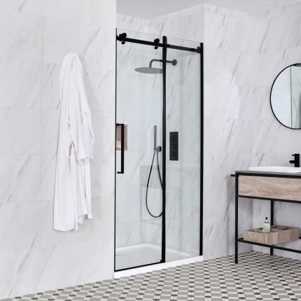 Milano Nero - Black Frameless Sliding Shower Door with Tray - Choice of Sizes