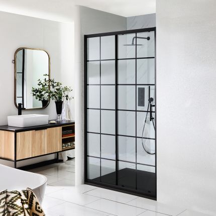 Milano Barq - Black Grid Sliding Shower Door with Slate Tray - Choice of Sizes
