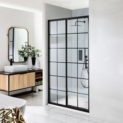 Milano Barq - Black Grid Sliding Shower Door with Tray - Choice of Sizes