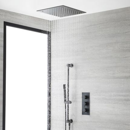 Milano Nero - Black Thermostatic Shower with Recessed Shower Head and Riser Rail with Hand Shower (2 Outlet)