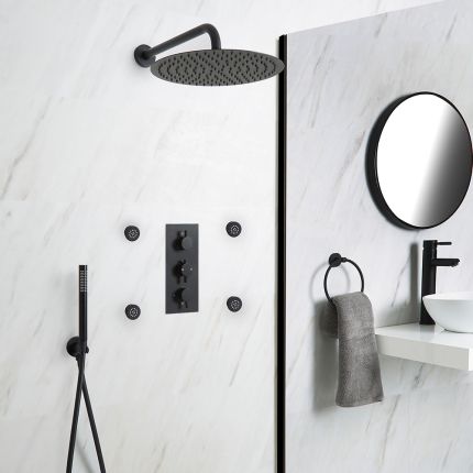 Milano Nero - Black Thermostatic Shower with Diverter, Round Shower Head, Hand Shower and Body Jets (3 Outlet)