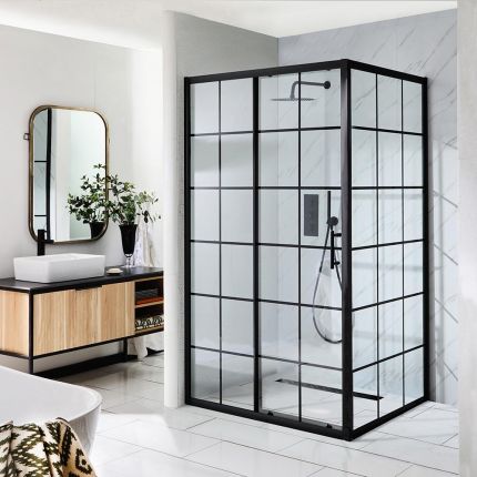 Milano Barq - Black Grid Sliding Shower Door - Choice of Sizes and Side Panel