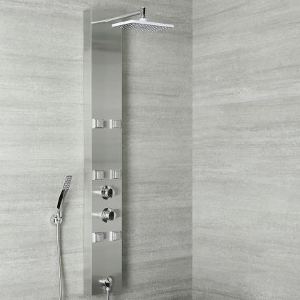 Milano Easton - Modern Exposed Thermostatic Shower Tower Panel with Shower Head, 6 Body Jets and Hand Shower