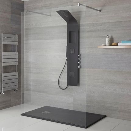 Milano Orton - Modern Exposed Shower Tower Panel with Shelf, Large Shower Head, Hand Shower and Body Jets - Black