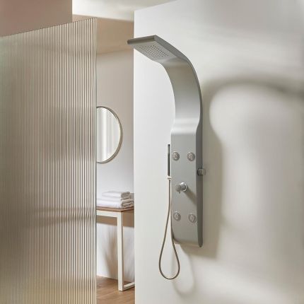 Milano Barton - Modern Shower Tower Panel with Shower Head, Hand Shower and Body Jets - Matt Silver