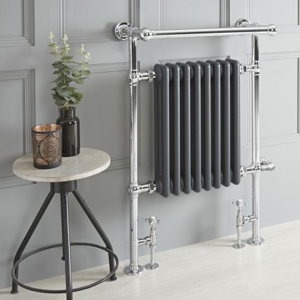 Milano Elizabeth - Anthracite Traditional Dual Fuel Heated Towel Rail - 930mm x 620mm (withOverhanging Rail) - Choice of Wi-Fi Thermostat and Cable Cover