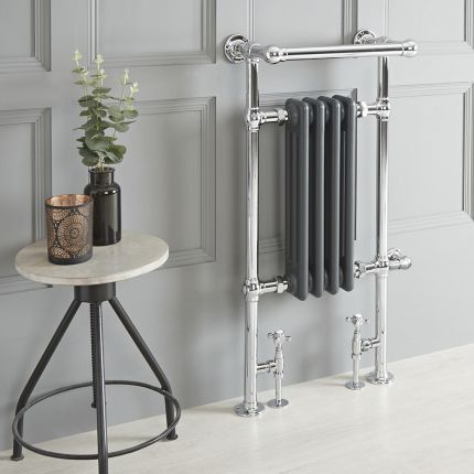 Milano Elizabeth - Anthracite Traditional Dual Fuel Heated Towel Rail - 930mm x 450mm (withOverhanging Rail) - Choice of Wi-Fi Thermostat and Cable Cover