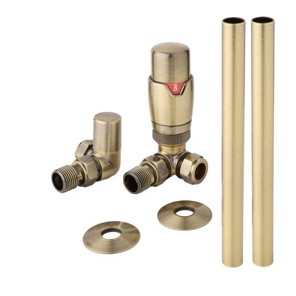 Milano - Thermostatic Corner Radiator Valve and Pipe Set - Brushed Gold