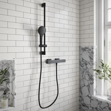 Villeroy & Boch Universal - Square Thermostatic Bar Shower Valve with Riser Rail and Hand Shower (1 Outlet) - Matt Black