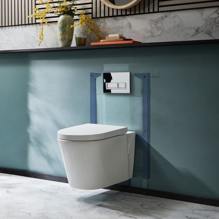 Milano Ballam - White Modern Rimless Wall Hung Toilet with Short Wall Frame - Choice of Flush Plate