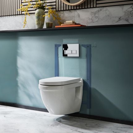 Milano Newby - White Modern Wall Hung Toilet with Short Wall Frame - Choice of Flush Plate