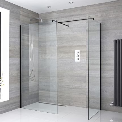 Milano Nero - Corner Wet Room Shower Enclosure - Choice of Glass Size & Drain